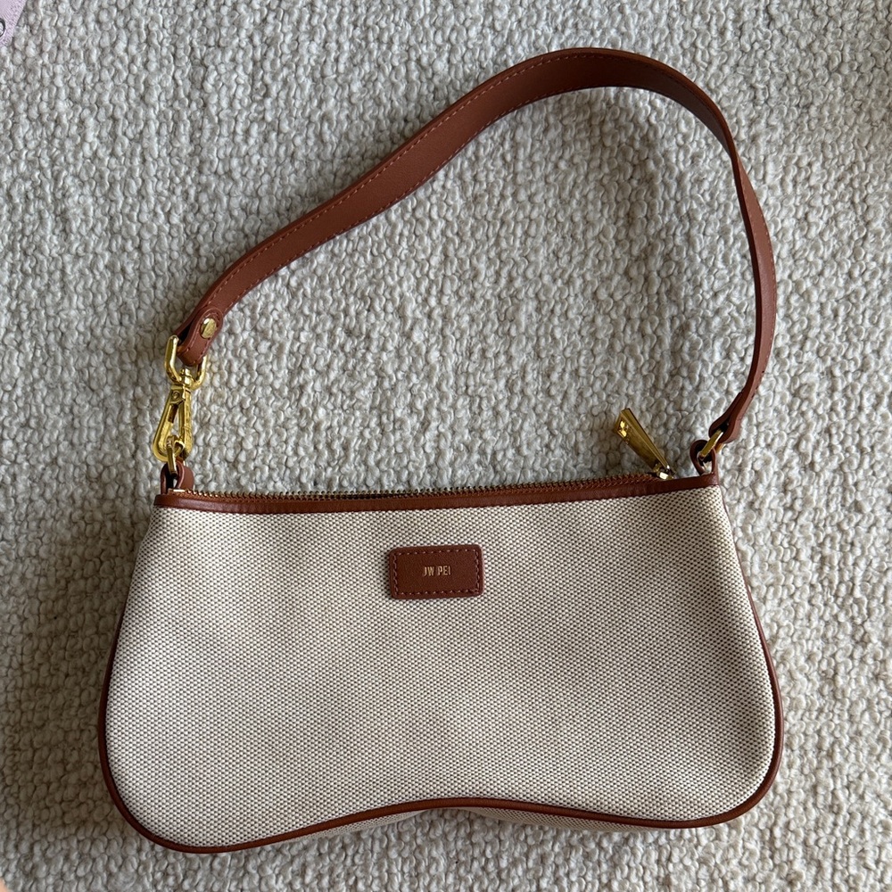 JW PEI Beige Canvas Shoulder Bag with Brown Trim and Gold Hardware
